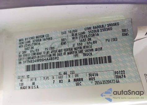 2005 Ford E-250 Commercial/Recreational z USA, uszkodzony, nr VIN 1FTNE24W05HA48592